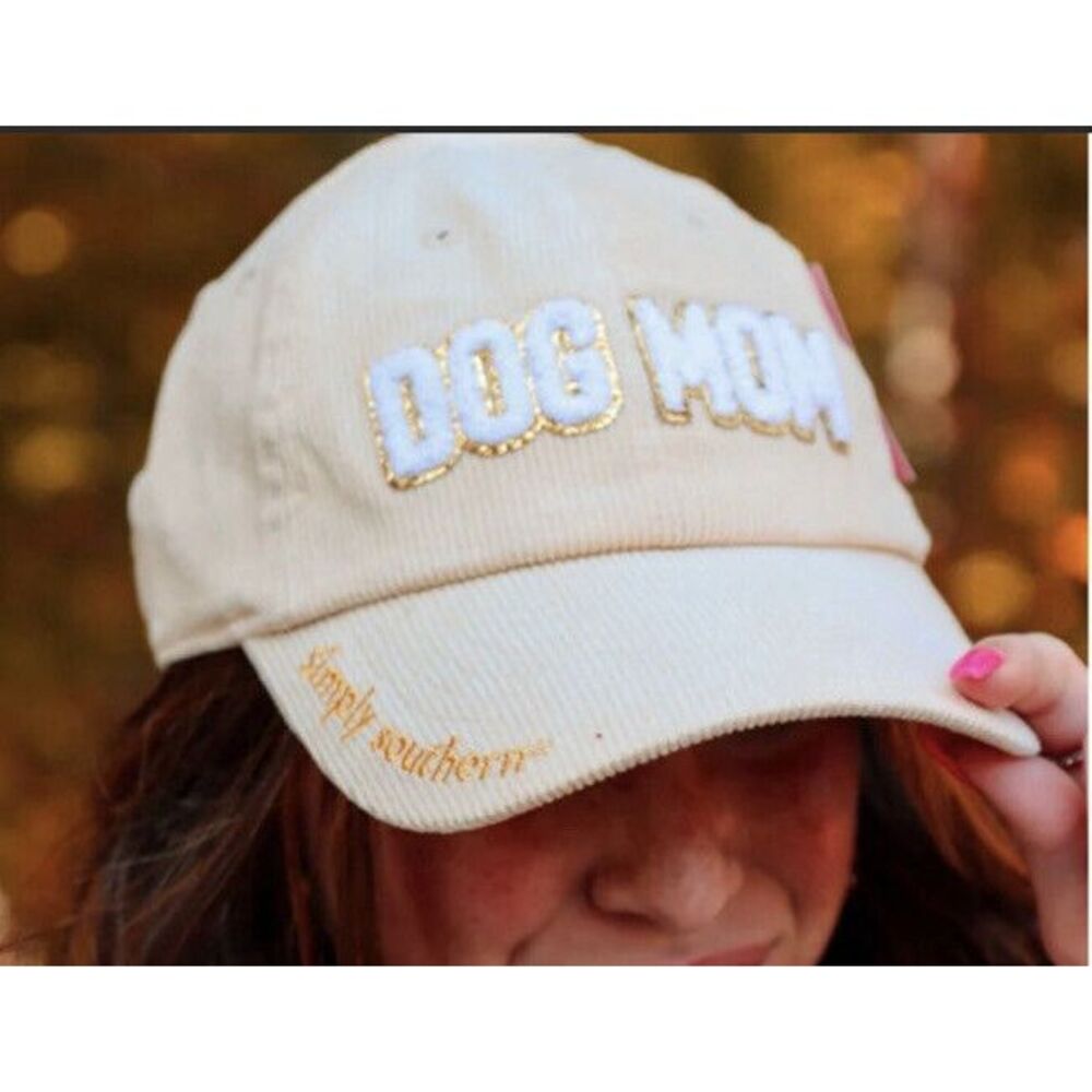 SIMPLY SOUTHERN Sparkle Puff Letter DOG MOM Corduroy Baseball‎ Cap Hat NEW